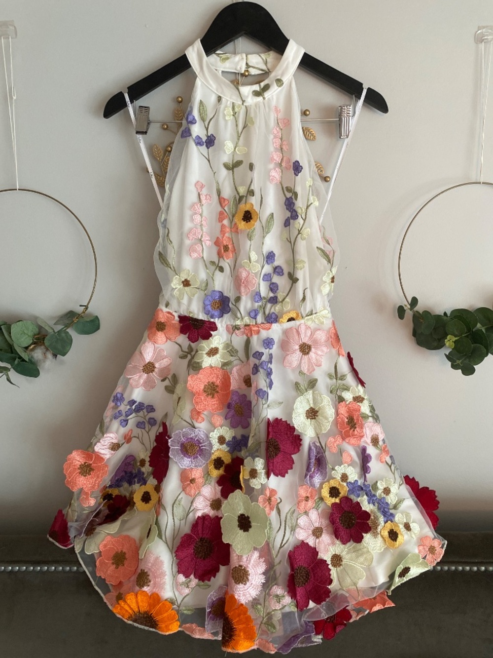 Blooming Bliss Ivory 3D Floral Embroidered Halter Mini Dress Size small - Picture 6 of 11